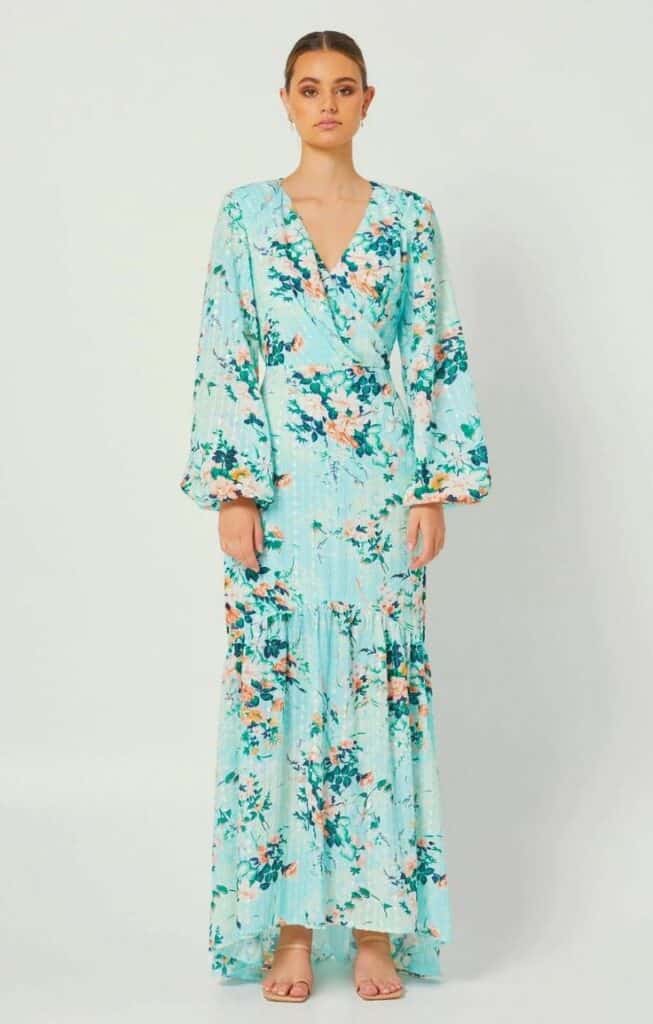 Bright floral long sleeve dress for wedding celebrant to hire from hirestreetUK