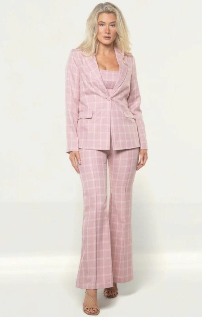 Checked pink suit co ord set for wedding celebrant