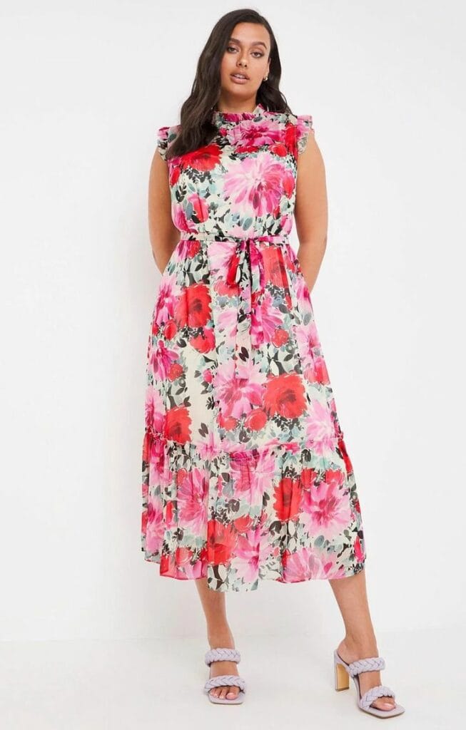 pink and red floral dress for wedding officiant to hire from hirestreet UK